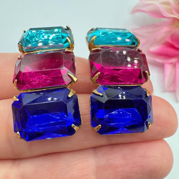 Vintage Three Rhinestone Huge Clip On Earrings Teal Fuchsia Blue 80s Mob Wife - Picture 6 of 16